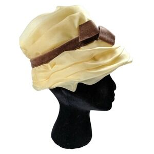 Vintage Ladies Yellow Church Hat With Brown Velvet Bow Long Brim Kentucky Derby